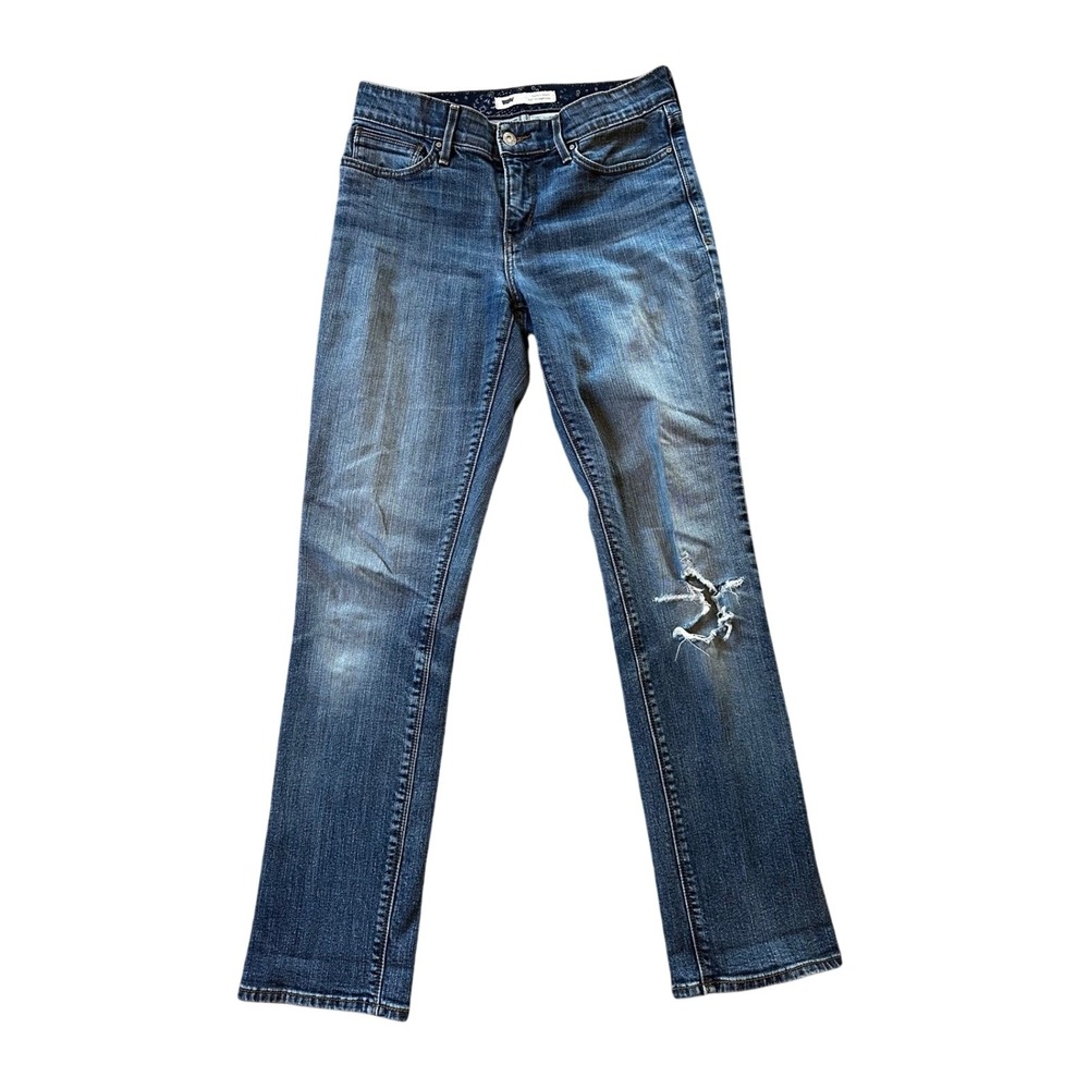Levi 525 Distressed Blue Perfect Waist Straight Leg Jeans Women W27 L30 - Picture 1 of 4